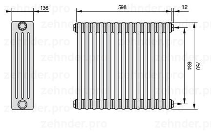 Схема (чертеж) Радиатор Zehnder Charleston 4075/13 №7610 Белый глянцевый RAL 9016